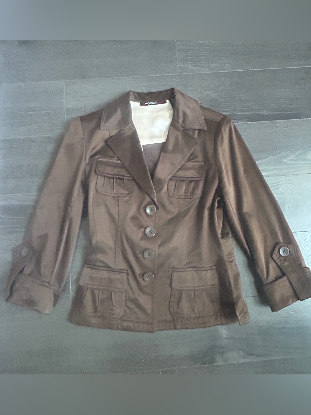 Optionnelle Women’s Brown Satin Utility Blazer Jacket Size00/XS Y2K Indie Sleaze